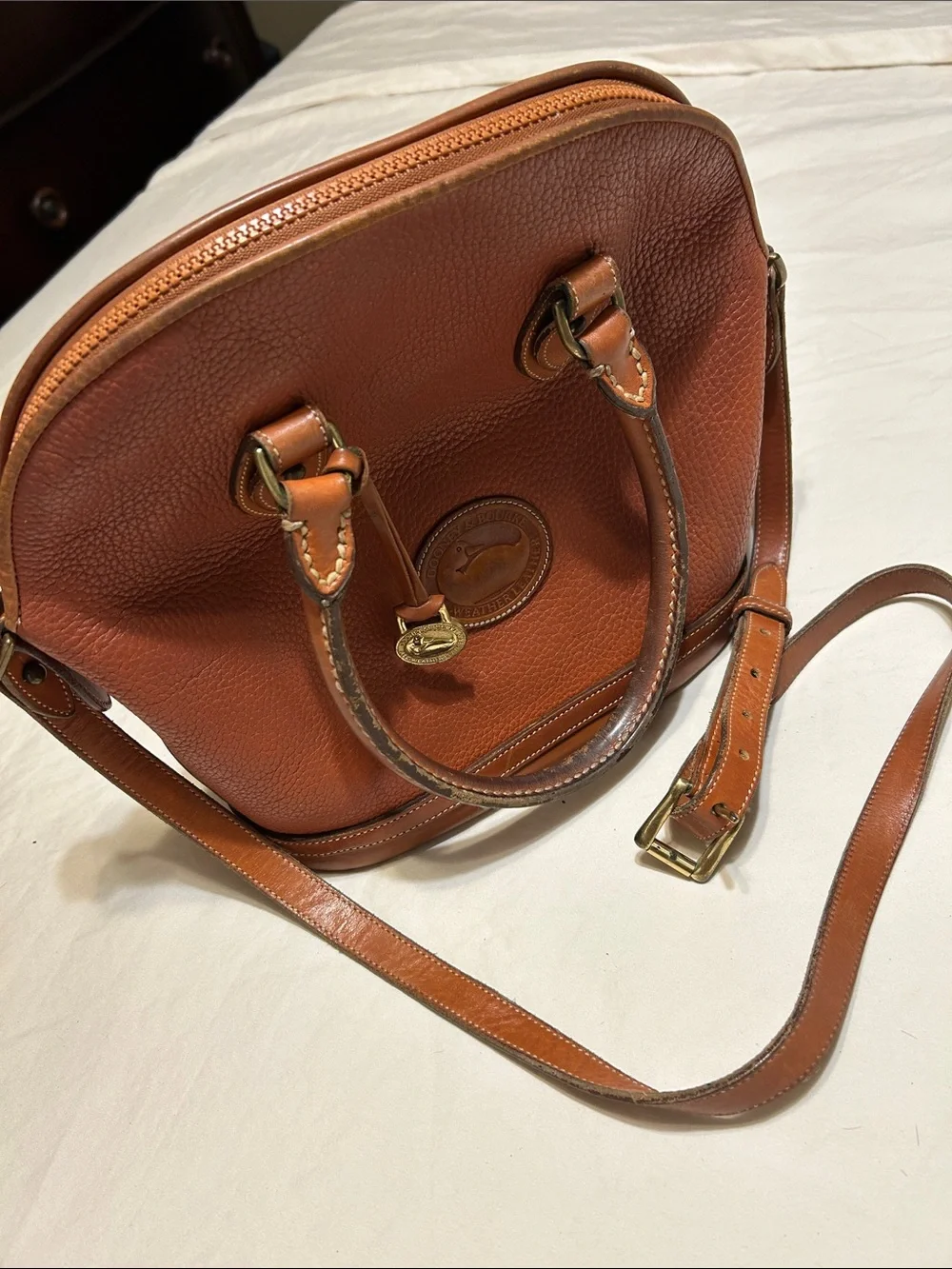 Dooney & Bourke Cognac Pebble Leather Satchel with Adjustable Strap
